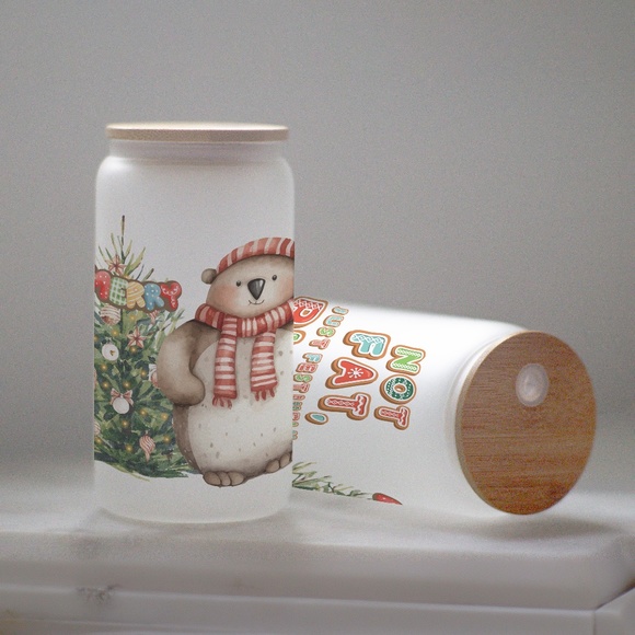 Christmas Cute Character Glasses cup 16 oz glass cup with Straw & Bamboo Lid. - Picture 2 of 6